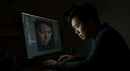 Focused programmer meticulously works late into the night, immersed in complex code on his computer screen, a digital face subtly reflected in the