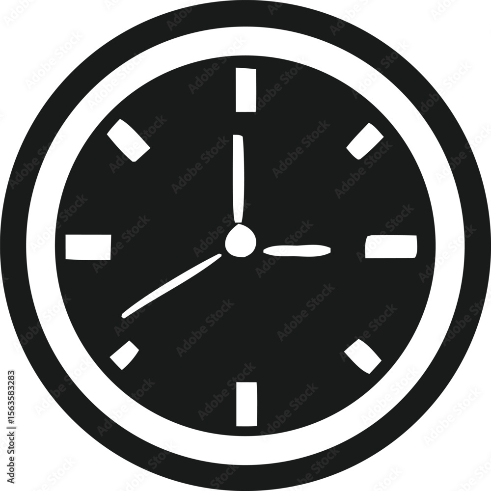 Poster simple black and white graphic of a clock face with a central pivot and three hands indicating the t