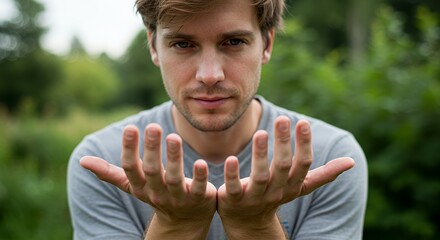 Young man with light brown hair offers open palms, conveying openness, trust, or a welcoming gesture. He's outdoors, with a blurred green background.