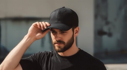 Hipster handsome male model with beard wearing black blank baseball cap with space for your logo
