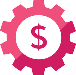 A stylized pink gear with a white circle in the center containing a bold pink dollar sign symbolizing financial mechanics and economic progress