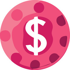 A vibrant pink circular design featuring a prominent white dollar sign surrounded by playful polka dots and layered pink shapes