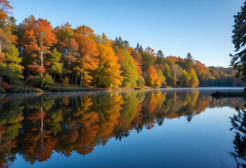 autumn forest reflected in calm lake under clear sky