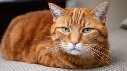 Close-up of an orange tabby cat lying down with a calm expression on a neutral background