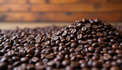 A pile of freshly roasted coffee beans on a wooden background, showcasing rich texture and deep brown sheen.