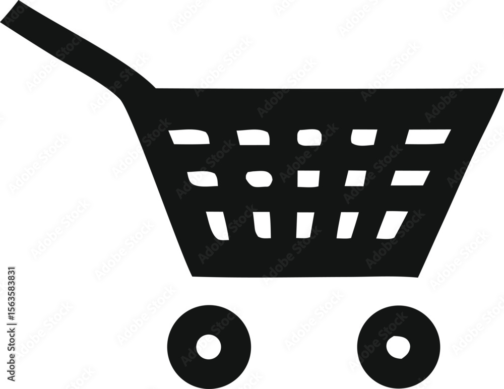 Poster simple black and white icon of a shopping cart with a handle and two wheels representing commerce an