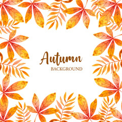 Border frame with watercolor autumn leaves on white background. Hand drawn illustration for your design, print, textile