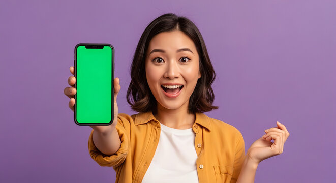 Excited Asian Woman Showing Smartphone Green Screen Mockup