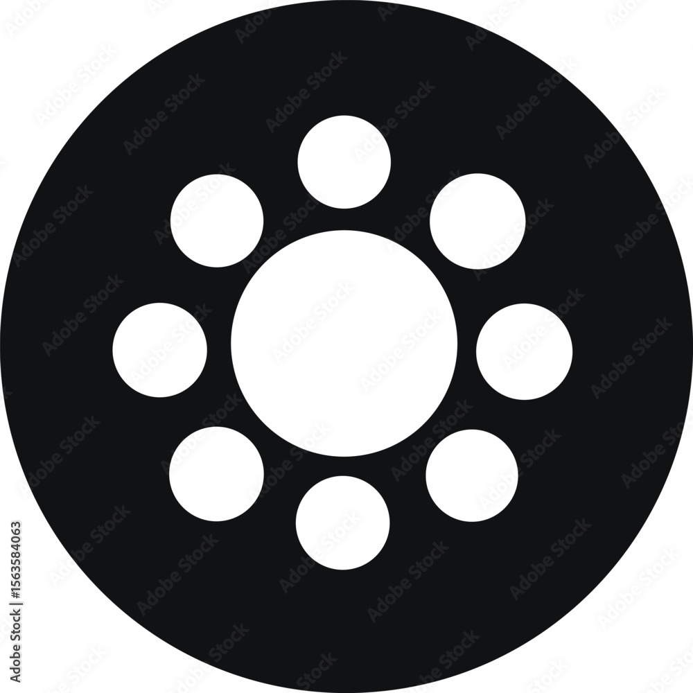 Poster abstract circular design with central and peripheral white circles on a black textured background