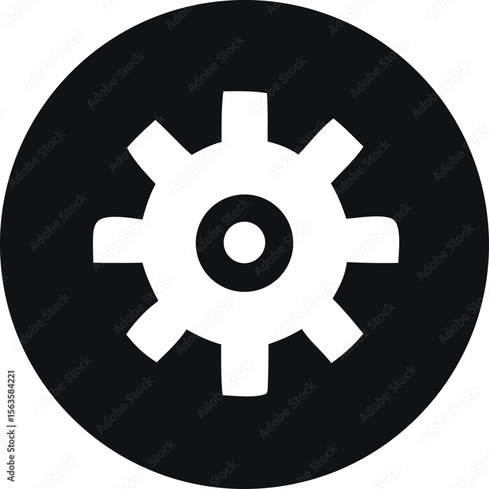 Poster simple white gear icon with seven teeth centered within a solid black circle representing settings o