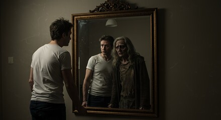 A young man confronts his reflection, revealing a disturbing older woman beside his younger self in a mysterious antique mirror.