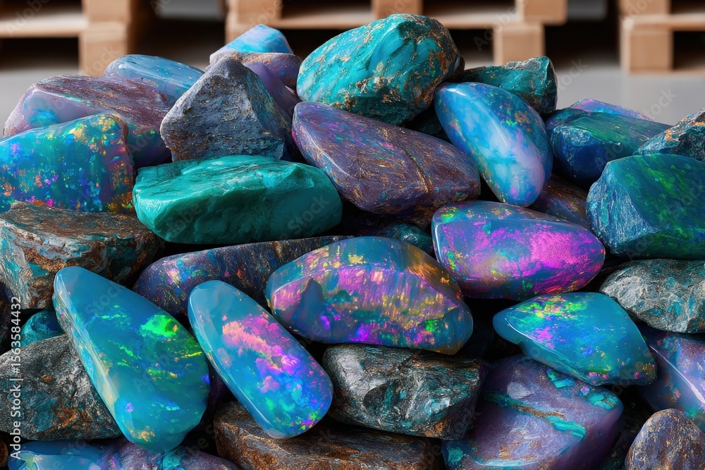Poster Vibrant Rainbow Iridescent Opal Stones Stack with Natural Texture and Colorful Play of Light on Rough Surface for Decorative Art and Jewelry Design