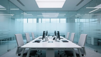 Modern conference room with glass walls and sleek design