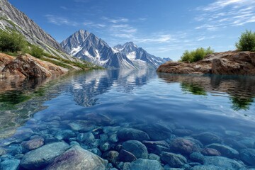 Obraz premium Serene mountain lake surrounded by majestic snow-capped peaks lush green trees rocks and clear blue water with reflections and scenic landscape