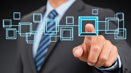 Businessman interacting with digital interface of interconnected squares and icons