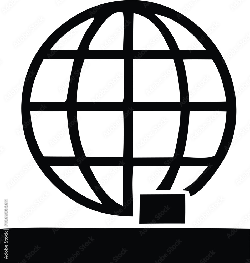 Poster stylized black and white globe icon with horizontal lines representing continents and a base