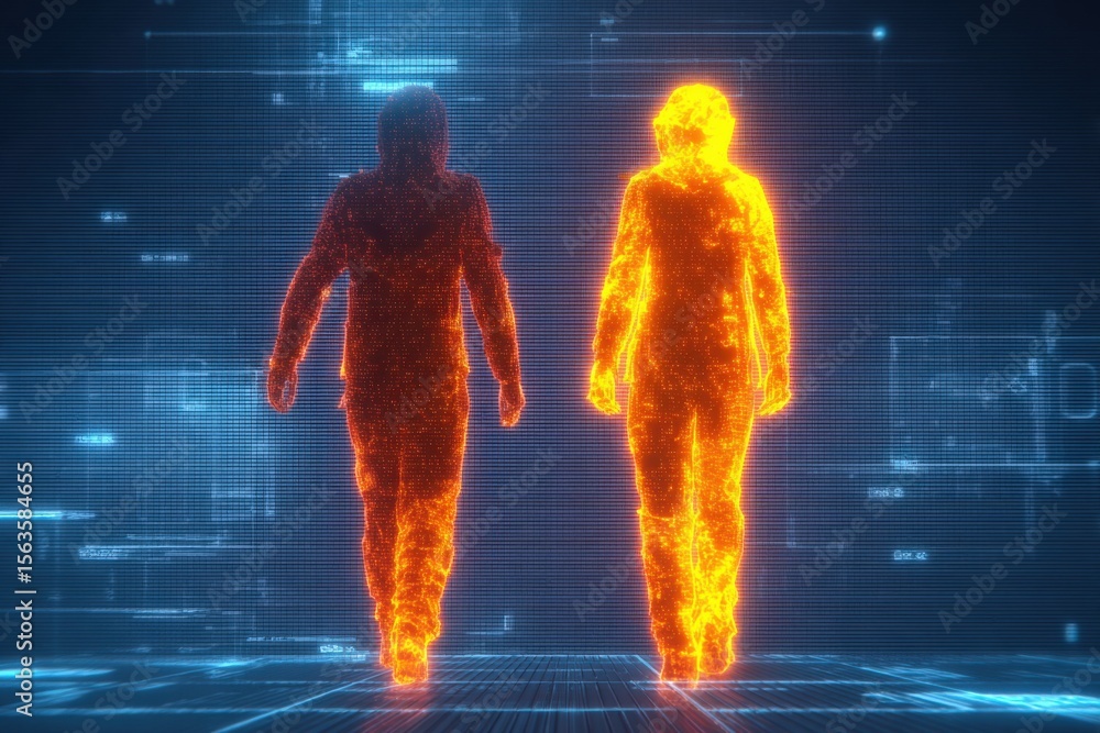 Poster Futuristic digital hologram of two human figures walking with glowing effects and complex virtual interface background for technology concept