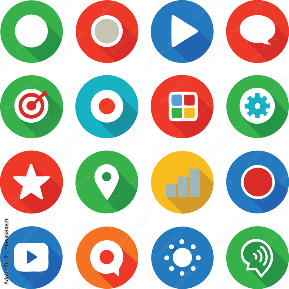 Poster collection of flat design circular icons representing various digital functions and applications wit