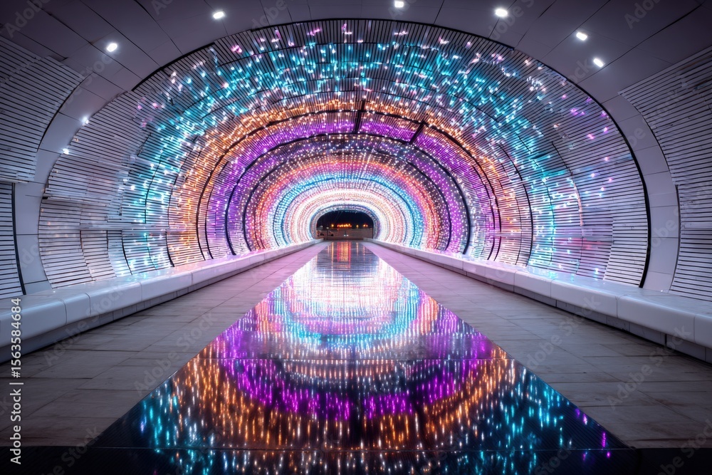 Poster modern futuristic tunnel illuminated with vibrant colorful led lights reflecting on water surface cr