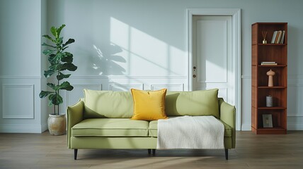 Pale green sofa with yellow cushion and white throw image