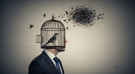 Trapped Thoughts: A businessman's head is a birdcage, symbolizing inner confinement and the struggle for freedom amidst mental chaos.