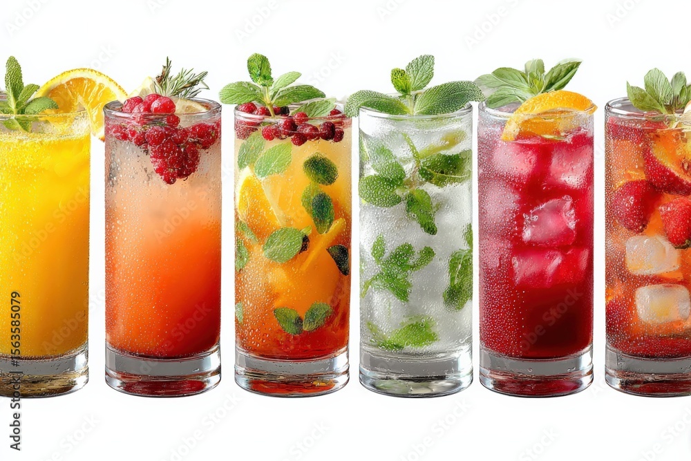 Aufkleber assorted colorful refreshing fruit beverages in tall glasses with ice fresh mint lemon slices and be