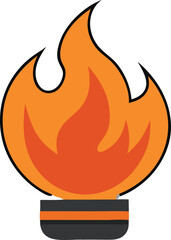 Stylized olympic torch with vibrant orange flames and a black and orange striped base on a white background