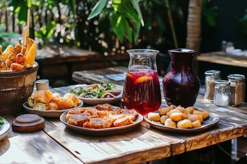 Delicious assortment of fresh food and drinks on wooden table