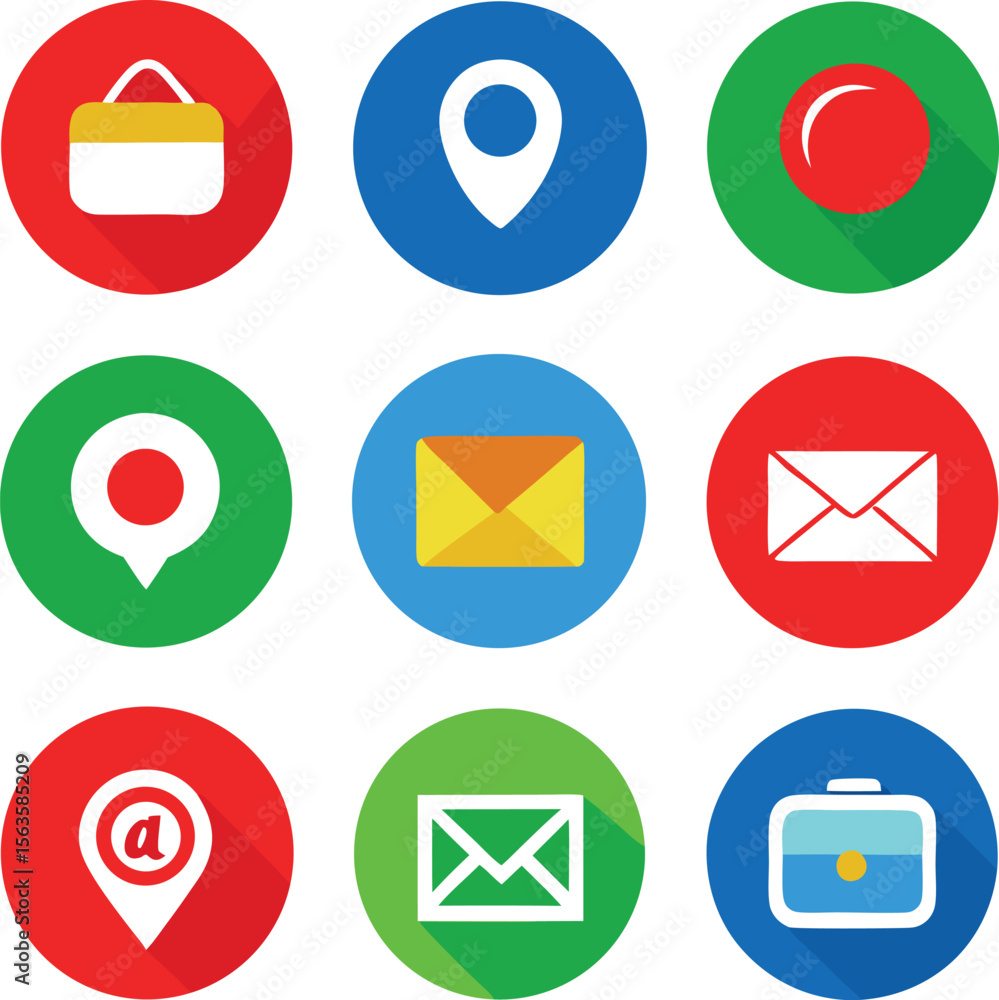Aufkleber collection of nine flat design circular icons featuring common symbols like shopping bags location p
