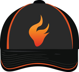 Stylish black baseball cap featuring a vibrant orange flame logo and contrasting orange trim for a bold and energetic look