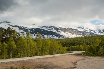Fototapeta premium Asphalt road in the snowy Norwegian mountains