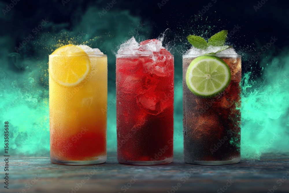 Poster colorful assorted fruit and ice-infused refreshing cold beverages with fresh fruits on top for summe