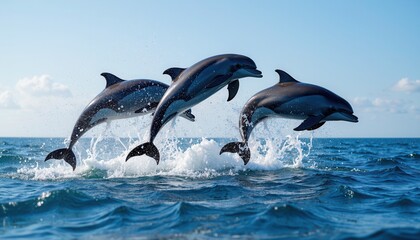 Fototapeta premium Three dolphins leaping joyfully ocean waves