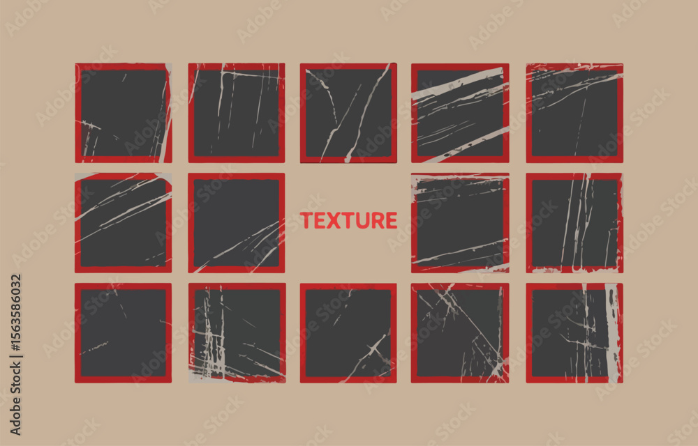 Poster grunge dark grey square frames red border texture background set