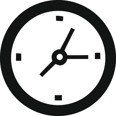 Simple black and white icon of a clock face showing approximately 1 55 with hour and minute hands and hour markers