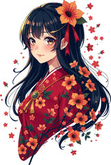 a girl with long black hair and red kimono in front of flowers