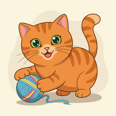 Cute orange cat playing with a ball of yarn in flat vector art