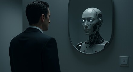 Man in suit stares intently at a humanoid robot reflected in a mirror, pondering the future of artificial intelligence and human connection.