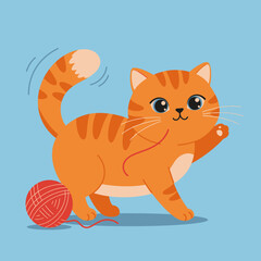Cute orange cat playing with a ball of yarn in flat vector art