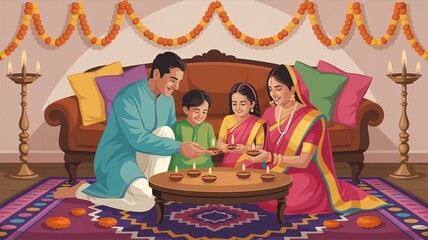 Diwali, Family celebrates Diwali with diyas, flowers, and traditional clothing in a cozy home setting