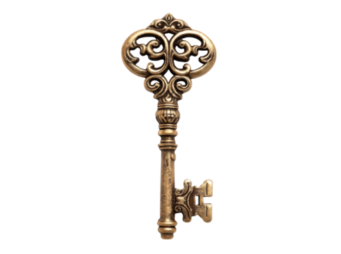 Ornate antique skeleton key isolated on black background, Isolated On Transparent Background, Png Cut Out