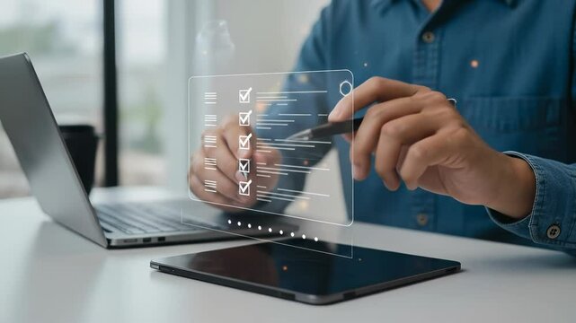 Online Checklist: Man in denim shirt completing a digital survey with pen and holographic interface on a tablet, optimizing workflows.