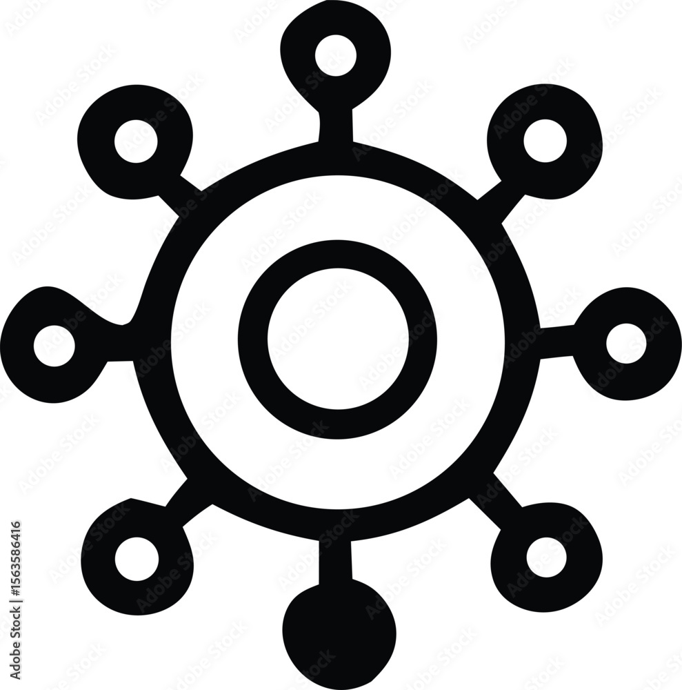 Poster abstract geometric symbol representing connection network or a central hub with radiating elements a