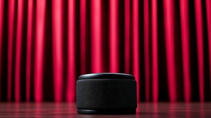 Movie award podium on a stage bathed in red spotlight close up on cinematic elegance theme of winner announcements realistic Multilayer film festival backdrop. Red carpet gala ceremony