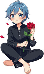 a boy sitting on the floor with blue hair and black pants, holding red rose in her hand