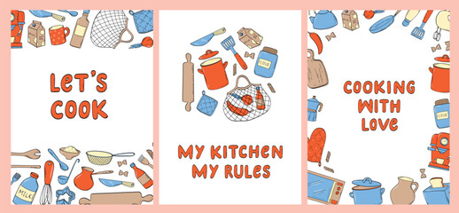 Kitchen posters decorated with doodles of kitchen utensils and lettering quotes. Good for templates, cards, prints, banners, invitations, home decor. EPS 10
