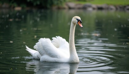 Swan gracefully gliding on tranquil lake water