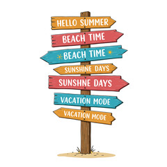 Colorful wooden signpost displaying greetings for summer with directional arrows © rabbivay