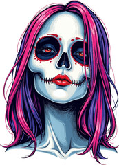 a woman with pink hair and blue eyes is shown in this illustration of the skull girl