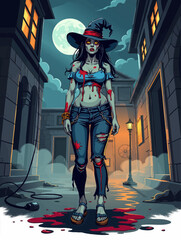 a woman walking down an alley with blood all over her body and face